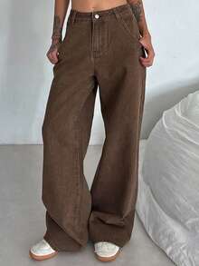 Dazy Tall Jeans casuales de pierna recta y holgados, estilo callejero para mujer - Marrón - Ver 5