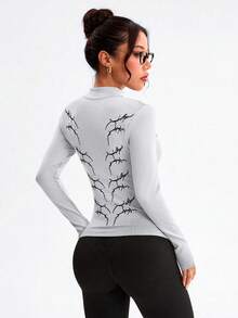 Dewbera Áo khoác thể thao nữ màu trắng không đường may kiểu Gothic, thích hợp cho chạy bộ, tập thể dục, hoạt động ngoài trời và mặc hàng ngày, mùa thu/đông. - Đen và trắng - Xem 2