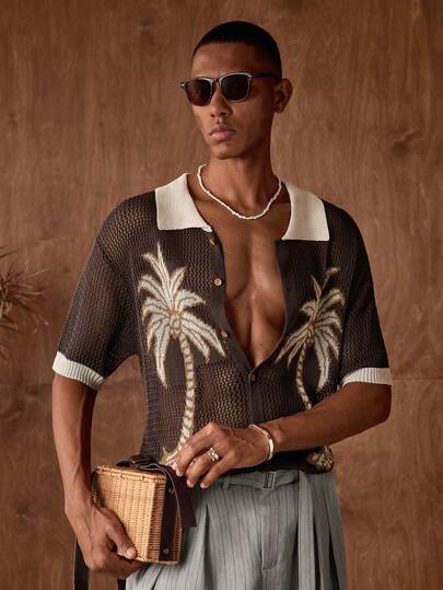 AKNOTIC Business Casual Men's Crochet Floral Knit Loose Casual Short Sleeve Sweater Shirt, Suitable For Summer, Vacation, Daily Wear, Party, Couple, Men's Gift