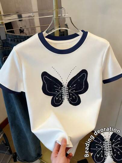 Resyla Y2K Retro American Style Butterfly & Pearl Decor Loose Fit Women T-Shirt