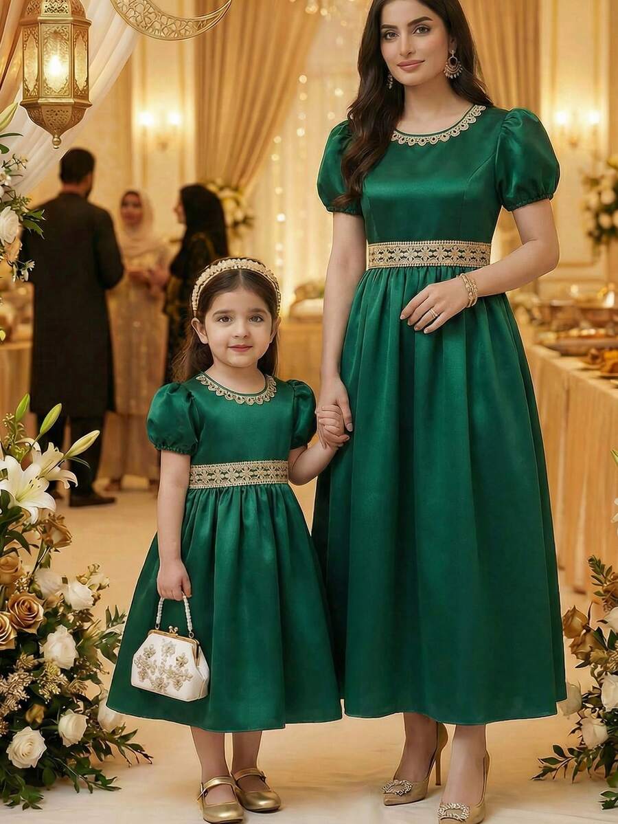 SHEIN Baby Girls' Emerald Green Summer Elegant Formal Wedding Dress,Vintage Golden Embroidered Puff Sleeve A-Line Ruffle Collar Sweet Cute Party Outfits - Dark Green - View 1