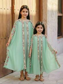 Tween Girl Loose Elegant Gold Lace Ribbon Decor Long Cardigan Dress Set - Multicolor - View 6