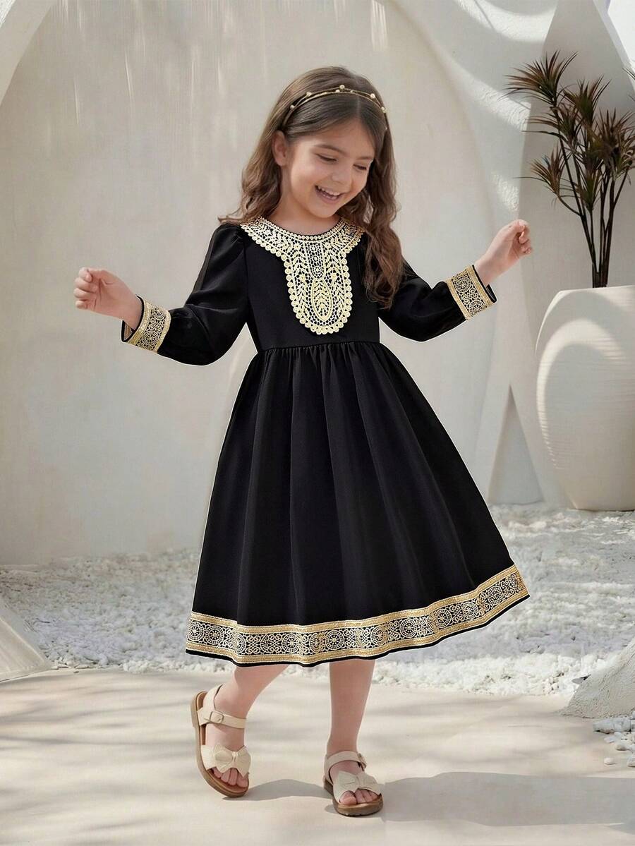 Young Girls' Long Sleeve Gold Lace Trim Black Dress,Autumn Traditional Wedding Arabic Dress,Multi-Color Ribbon Decor,Elegant Event Performance Gown - Black - View 1