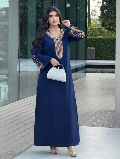 Al Najma Women's Floral Embroidery Patchwork V-Neck Elegant Arabic Style Long Sleeve Dress