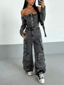 Jeanoix Women's Off-Shoulder Long Sleeve Single-Breasted Multi-Pocket Wide-Leg Denim Jumpsuit - Black - View 1