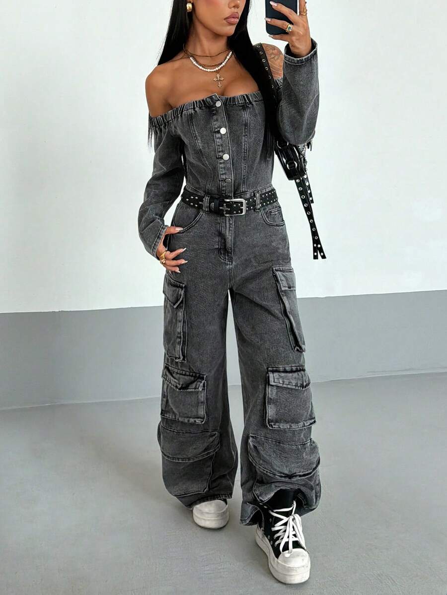 Jeanoix Women's Off-Shoulder Long Sleeve Single-Breasted Multi-Pocket Wide-Leg Denim Jumpsuit - Black - View 1