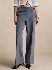 Poéselle Women's Pants Foldover Waist Pinstripe Wide-Leg Trousers – Adjustable Ring-Tie Workwear Pants Foldover Waist Pants, Pinstripe Trousers, Wide Leg Office Pants, Grey Dress Pants, Y2k Workwear, Tailored Wide Leg, Ring Belt Pants, Quiet Luxury Style Striped Fold-Over Waist Flared Leg Pants, Commuter Style Summer Outfits - Grey - View 1
