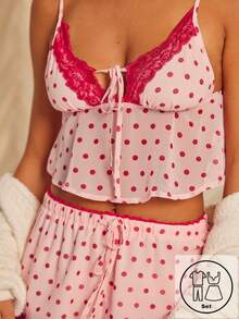 Aralina 女士睡衣家居服两件套，波点印花蕾丝边吊带背心和短裤套装，可爱圣诞睡衣，红色上衣，情人节 - 彩色 - 查看 1