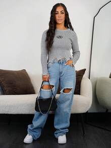 SAYEHFBABY 秋冬条纹破洞毛衣 - 灰色 - 查看 5