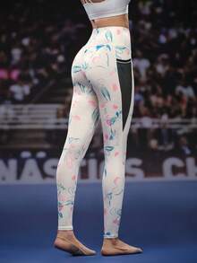 SHEIN Unity Women's Floral Print High Waist Pockets Sports Leggings - Apricot - View 2