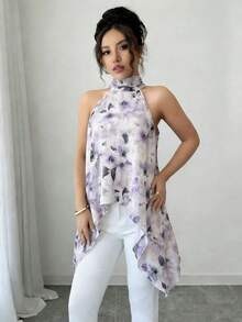 Breezaya Áo khoác mùa hè cho nữ, kiểu cổ yếm, hở lưng, thắt nơ, chất liệu chiffon, họa tiết hoa màu nước, cổ đứng, vạt áo bất đối xứng, kiểu dáng suông, thanh lịch, thoải mái, thích hợp cho kỳ nghỉ hoặc hẹn hò. - Màu tím - Xem 7
