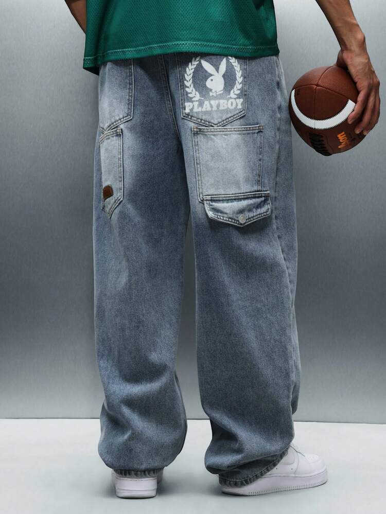 PLAYBOY X SUMWON Distressed Wide Leg Denim Jeans With Multiple Pockets