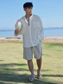 DAZY Men's Solid White Half-Placket Shirt, Spring/Summer - White - View 5