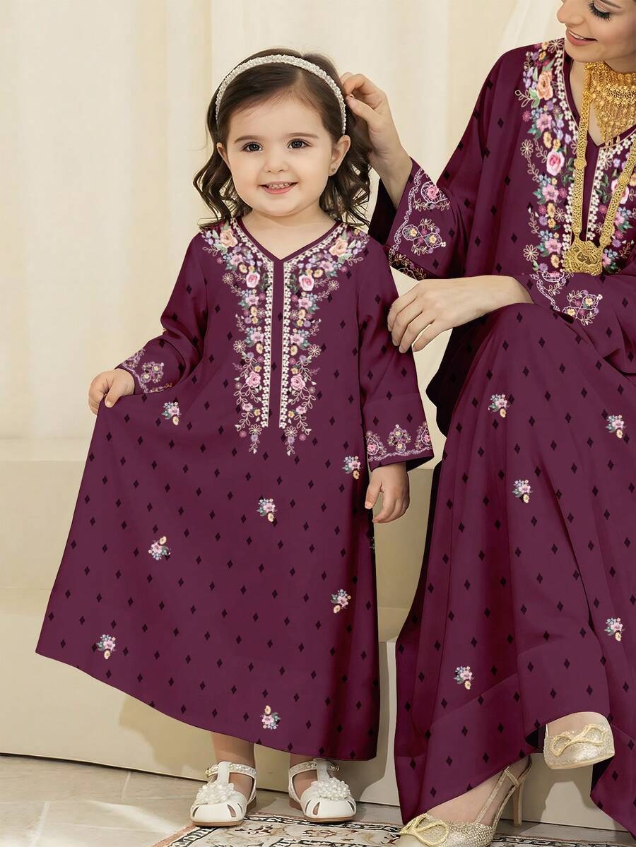 SHEIN Purple Floral Kids Jalabiya, Elegant Vintage Floral Embroidered, Baby Girl Casual Minimalist Traditional Long Sleeve Arabic Dress Suitable For Spring/Summer, Elegant Modest Long Sleeve Dress, Prayer Abaya, Easy Comfort, Casual Wear, Vacay Vibes, Modest Kaftan, Kids Jalabiya, Baby Girl Jalabiya - White - View 1