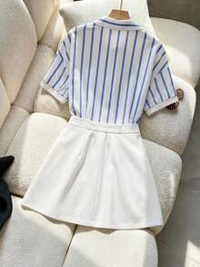 GlowEve 女士优雅夏季两件套，条纹衬衫搭配不对称荷叶边半裙，时尚百搭，适合夏季、返校、度假、约会、通勤、休闲、乡村派对、办公、职业装等场合。 - 白色 - 查看 2