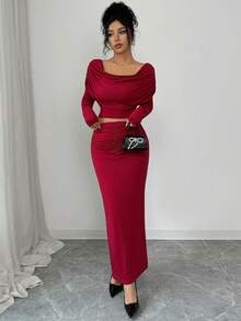 Elenzga Damen elegantes gestricktes Set mit Rüschenkragen Langarm Top + Rüschensaum Rock, geeignet für Bankette und Partys, Herbst/Winter - Bordeaux - Übersicht 3