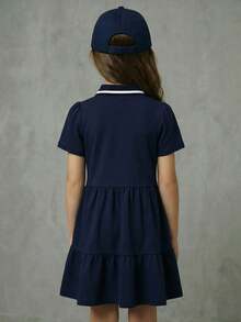 Casuvi Kids 2025年返校季儿童大学校园运动装，女童字母刺绣撞色包边荷叶边下摆高领宽松连衣裙