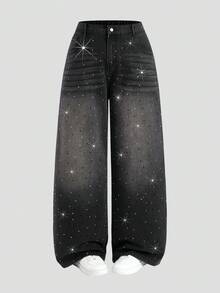 Maija Quần jeans ống rộng dáng suông, đính đá, thời trang thường ngày cho nữ, thích hợp đi làm, phong cách đường phố. - Rửa trung bình - Xem 3
