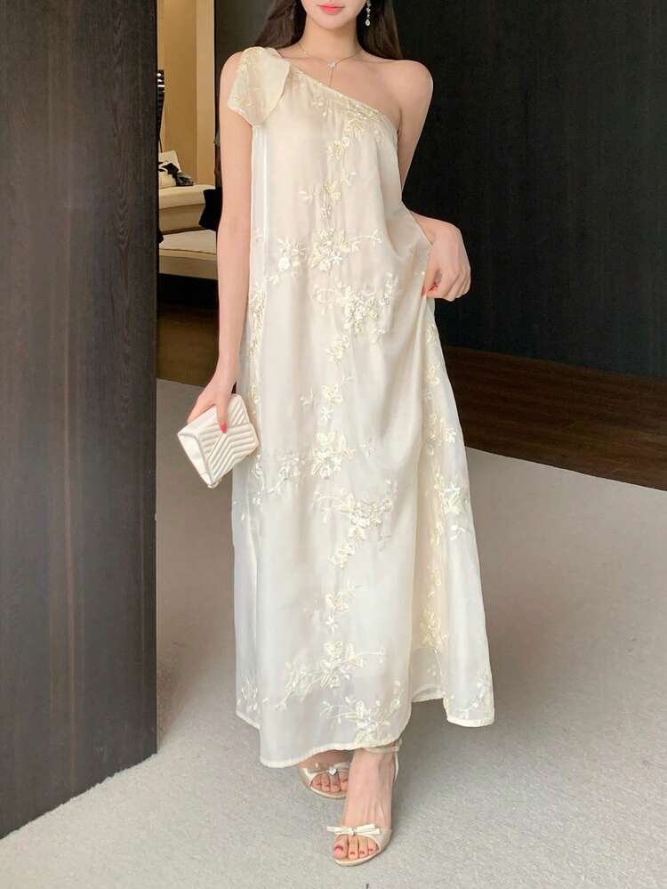 Women's Floral Embroidered Elegant Midi Dress Sundress