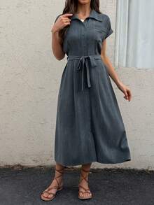 Vivie Lora Women's Sleeveless Tie-Waist Tie-Dye Denim Effect Midi Dress - Blue - View 1