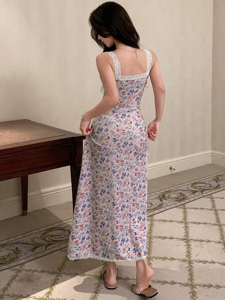 Floral Print Lace Patchwork Camisole Waist Maxi Women Nightgown