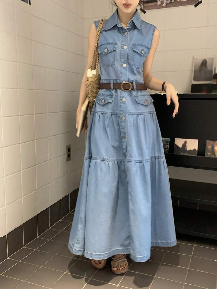 Women's Casual Washed Pocket Lapel Sleeveless Denim Dress, Summer,Wedding Guest Dress Women