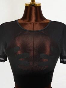 Mistrie Lady Sexy Net Fabric Transparent Embroidery T-Shirt - Black - View 4
