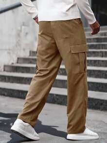 Manfinity Homme Men's Khaki Solid Color Cargo Pocket Straight Leg Casual Pants,Streetwear Autumn Work Cargo Sweatpants For Men - Ginger - View 2