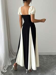 SHEIN PETITE Đầm dài ôm eo phối màu thanh lịch dành cho nữ, thích hợp mặc đi làm mùa hè. - Màu be - Xem 2