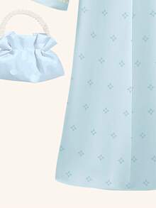 SHEIN Princess Ice Blue, Elegant & Fashionable Princess Bow & Pearl Pattern, Young Girls Casual & Graceful Traditional Arabic Kaftan Dress Suitable For Spring/Summer Daily, Festivals, Outings, Graceful & Stylish Long Sleeve Arabic Maxi Dress - Multicolor - View 5