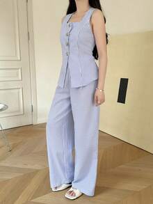 SHEIN 少女蓝白条纹休闲度假单排扣背心和裤子套装 - 藍白色 - 查看 5