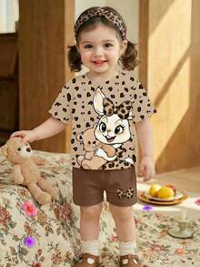 SHEIN 2pcs/Set Cute Rabbit & Leopard Print Top And Tight Shorts Set, Casual Loose Round Neck Short Sleeve T-Shirt And Leggings Outfit For Baby Girls, Suitable For Spring/Summer Daily Wear, Travel, Matching, Home, Vacation, Outdoor, Farm, Chill - Multicolor - View 6