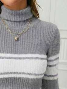 INAWLY Women's Striped Turtleneck Long Sleeve Fitted Sweater, Versatile For Autumn/Winter - Light Grey - View 3