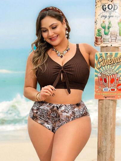 Swim Lushoire Plus Size Slimming Sexy Beach Vacation Special Fabric Printed 2 Pieces Swimsuit Set