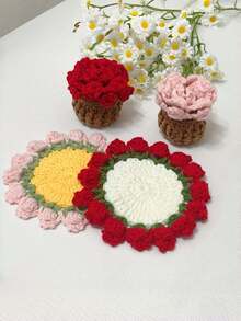 Joivida 1个手工钩织郁金香花束杯垫，带花篮隔热垫，独特创意桌面摆件，节日礼物，棉线防滑吸水，可爱花卉家居装饰，非常适合厨房、餐厅、办公桌、乔迁、生日礼物 - 彩色 - 查看 4