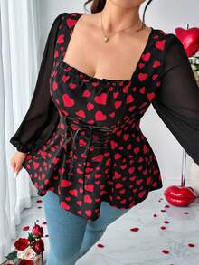 Elenzga 大码女士优雅方领心形印花雪纺袖系带腰身衬衫，情人节衬衫 - 紅色 - 查看 1