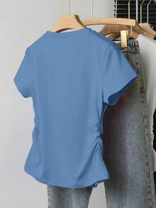 SHEIN 大码女式束腰T恤，优雅设计，可爱爱心印花图案，适合休闲、约会、户外、旅行、聚会等场合，穿着舒适。 - 藏蓝色 - 查看 2