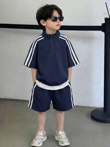 两件套儿童男童休闲日常舒适罗纹领半拉链套头衫和短裤梭织两件套POLO衫套装 - 黑色 - 查看 5