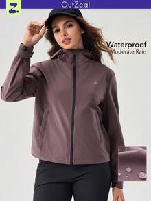 OutZeal Women Shell Jacket Daily Casual Water- Resistant Reflective Strip High Neck Drawstring Hem With Pocket - Purple - View 10