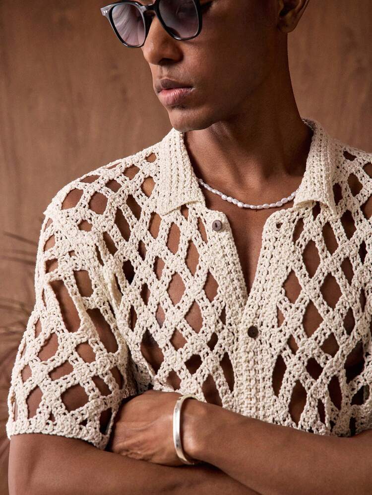 Men's Vacation Casual Solid Color Hollow-Out Knit Sweater Men See Through Shirt Men's Resort Wear Fishnet Shirt Men Men Crochet Top Open Knit Shirt Men Men's Resort Wear