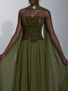 Elitara Elegant Luxurious Handmade Rhinestone Decor Strapless Flowy Patchwork Elastic Knit & Chiffon Maxi Dress For Weddings,Events,Galas,Formal Occasions - Army Green - View 4