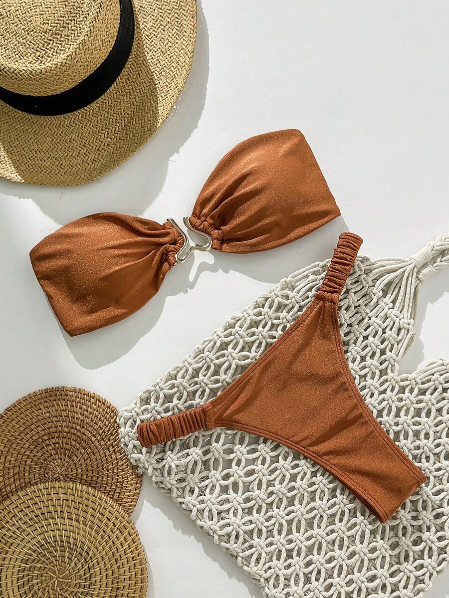 Swim Mod Pakaian Pantai Musim Semi untuk Wanita, Set Bikini 2 Potong Seksi Tanpa Tali dengan Dekorasi Logam dan Tali Ikat, Warna Polos untuk Wanita - Coklat - View 1