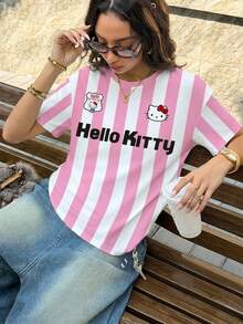 HELLO KITTY AND FRIENDS | SHEIN 女士字母条纹印花圆领短袖T恤 - 白色 - 查看 4