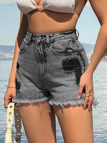 EURMUSE 100%Cotton Back Label Detailed Short With Destroy - Grey - View 7
