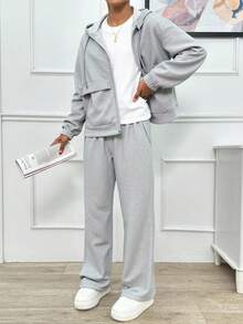 EURMUSE HAI MẢNH ÁO HOODIE HAI CHỈ ÁO THUN VÀ QUẦN LEN CÓ CHI TIẾT ĐÁ LẤP LÁNH - Màu Xám nhạt - Xem 3