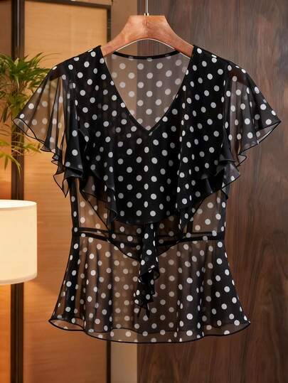 Franclia Nueva blusa de verano con lunares y cuello en V con volantes, blusa casual para mujer, ropa de playa, camisa de vacaciones, camisa de fiesta, blusa semitransparente. Vestido de baño negro tipo pareo para mujer, blusas de verano con lunares, blusas transparentes para mujer, blusa negra transparente, blusa transparente, blusas lindas para mujer, blusa con mangas con volantes