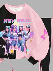 2pcs/Set Young Girl Cartoon Character Casual Loose Fit Crew Neck Long Sleeve Sweatshirt And Flare Leg Sweatpants Set, Suitable For Autumn/Winter - Multicolor - View 4