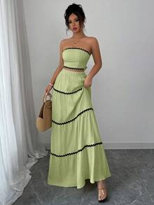 Rafferiza 女士优雅露脐抹胸上衣和半裙套装（2件套），度假装 - 綠色 - 查看 6