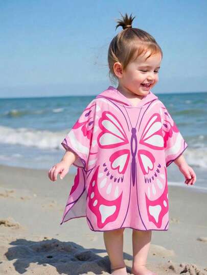 SHEIN 1 Piece Baby Girl Cute Summer Versatile Pink Casual Butterfly Pattern Swimsuit Coverup Suitable For Vacation And Play Suitable For Spring And Summer Seasons