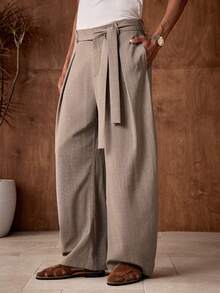 AKNOTIC 男士休闲宽松弹力腰直筒裤，卡其色纯色，适合夏季、度假、日常搭配、派对、情侣装、男士礼物。男士系带裤，男士阔腿褶裥裤，男士阔腿裤，褶裥裤，男士褶裥西装裤，男士褶裥裤，男士西装裤 - 卡其色 - 查看 5